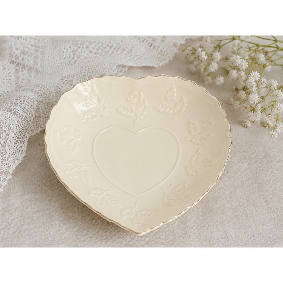 Other - Cream Heart-Shaped Trinket Dish Embossed Roses Gold Trim Romantic Cottage Decor